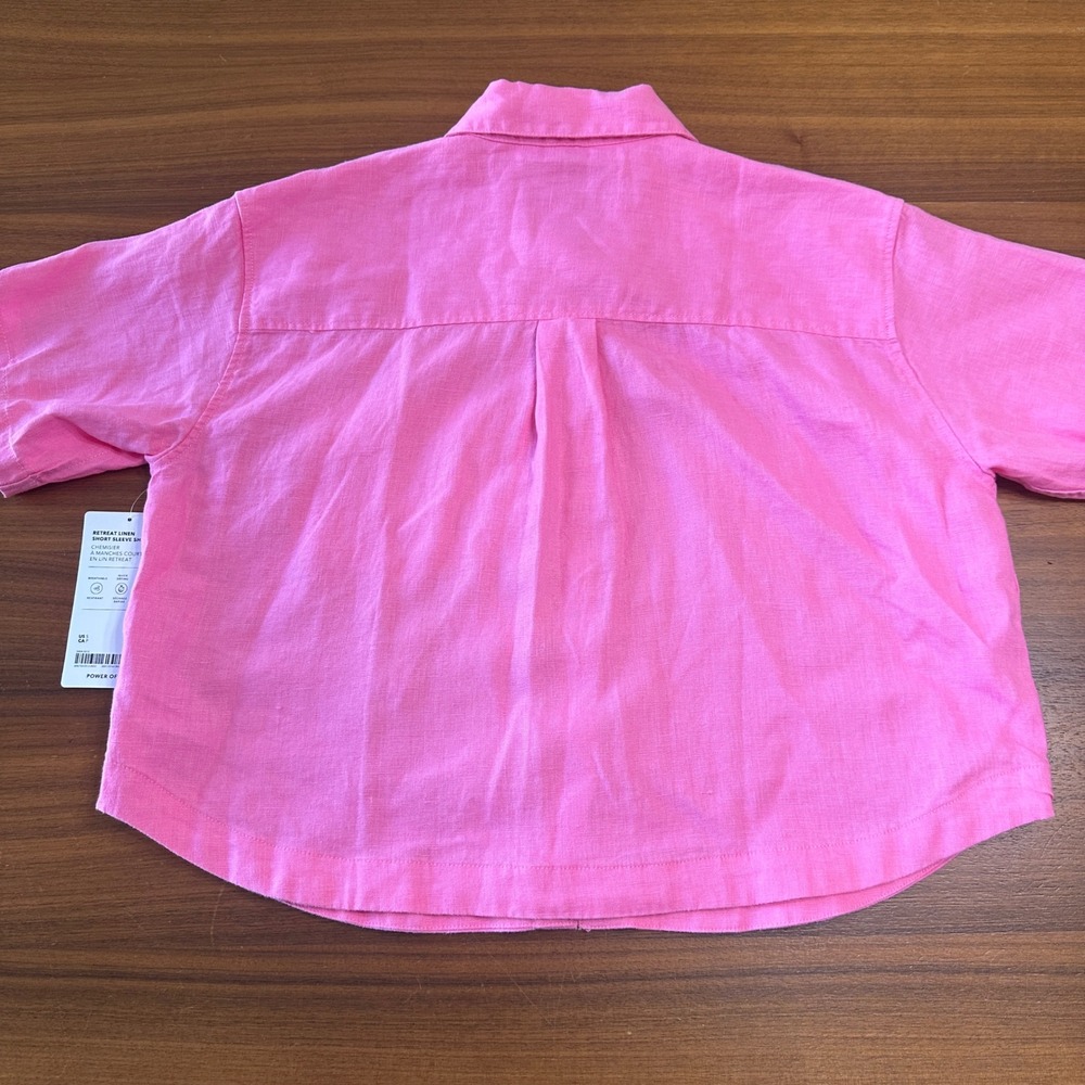 Athleta Retreat 100% Linen Shirt Women Small Pink Short Sleeve Boxy Crop Coastal - Picture 10 of 10